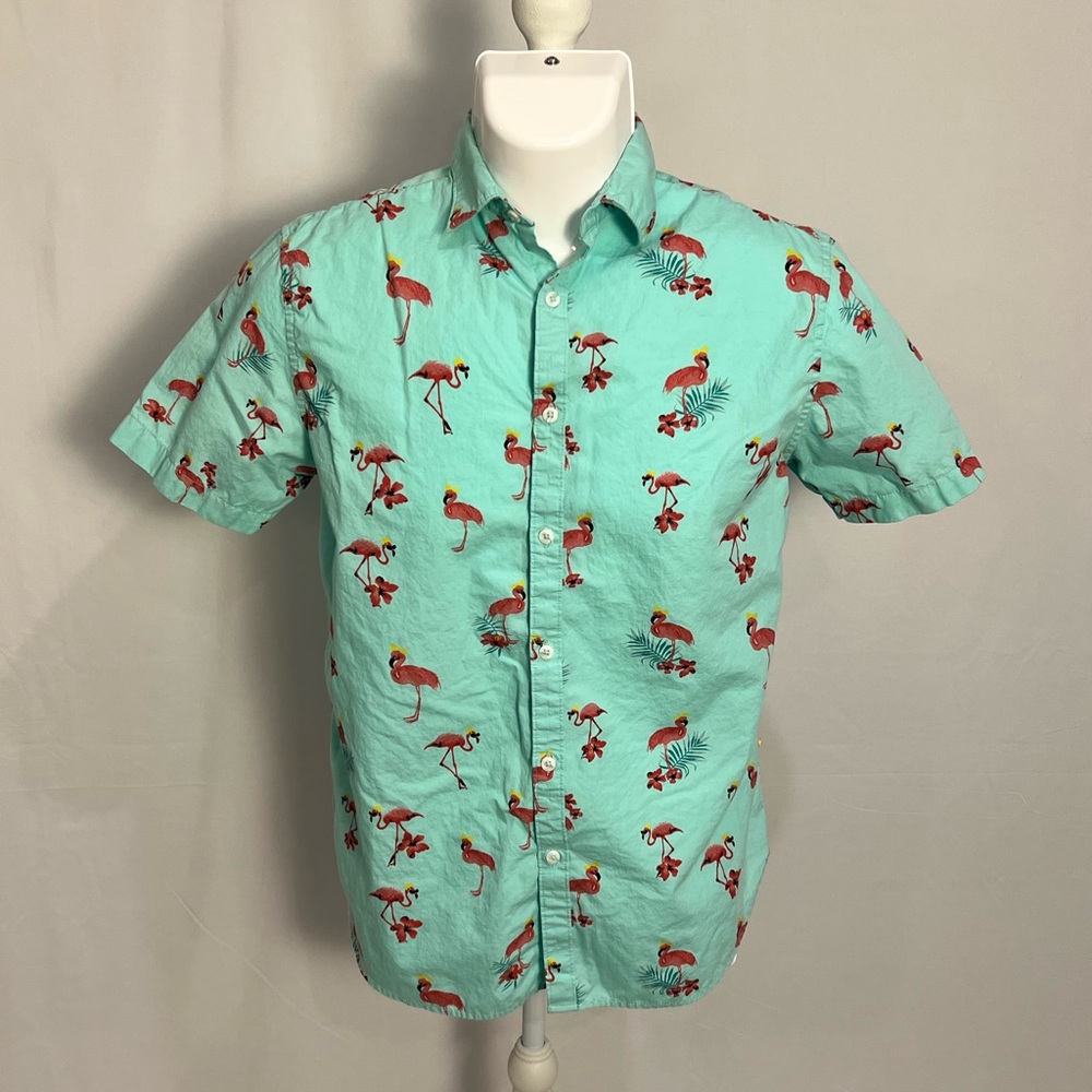 Denim & Flower Aqua Short-Sleeve Button-Down with Flamingo Print